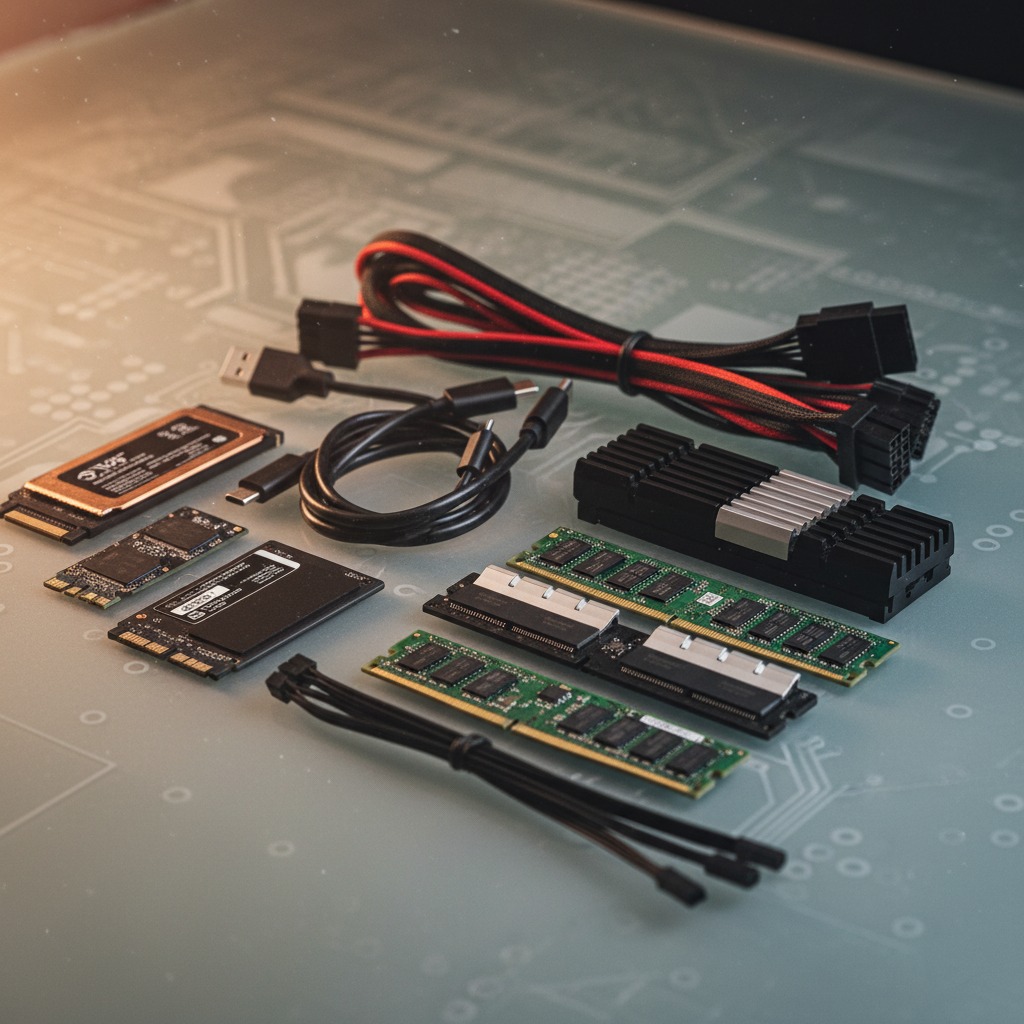 Várias peças de hardware de computador, incluindo memórias RAM, SSDs e cabos, estão organizadas sobre uma superfície com estampa de circuito.